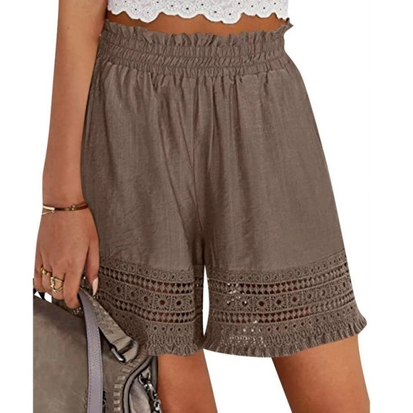Pants - Women Hollow Out Ruffle High Waisted Smocked Pocket Shorts
